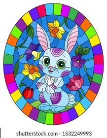 Illustration in stained glass style with a cute cartoon blue rabbit on a background of bright flowers, round image in bright frame