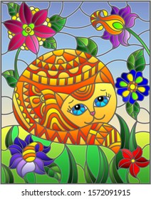 Illustration in stained glass style with a    cute red cat on a background of meadows, bright flowers and sky