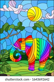 Illustration in stained glass style with cute rainbow elephant on the background of green trees of cloudy sky and sun