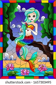 Illustration in stained glass style with cute cartoon mermaid ,sitting on a tree branch on a background of water and sky, in bright frame