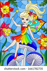 Illustration in stained glass style with cute cartoon fairy in a bright rainbow dress on the background of flowers ,  sky and mushrooms 