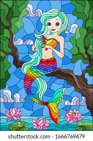 Illustration in stained glass style with cute cartoon mermaid ,sitting on a tree branch on a background of water and sky