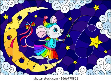 Illustration in stained glass style with a cute cartoon mouse with a fishing rod standing on the moon, against the background of the night sky with clouds and stars