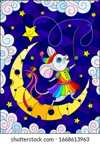 Illustration in stained glass style with a cute cartoon mouse with a fishing rod standing on the moon, against the background of the night sky with clouds and stars
