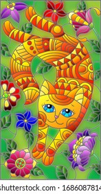 Illustration in stained glass style with a   cute red cat on a background of meadows and bright flowers 