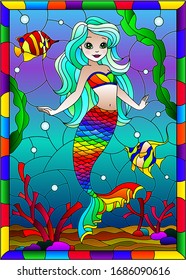 Illustration in stained glass style with cute cartoon mermaid in the background of the seabed and fish, in bright frame