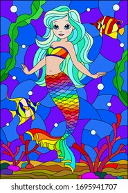 Illustration in stained glass style with cute cartoon mermaid in the background of the seabed and fish