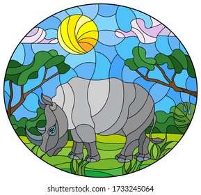 Illustration in stained glass style with cute gray  rhino on the background of green trees of cloudy sky and sun, oval image