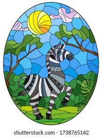 Illustration in stained glass style with cute Zebra on the background of green trees of cloudy sky and sun, oval image