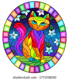 Illustration in stained glass style with a  cute rainbow cat on a background of meadows, bright flowers and sky, oval image in bright frame 