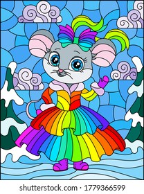 Illustration in a stained glass style with a cute cartoon mouse on the background of a winter landscape