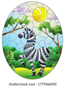 Illustration in stained glass style with cute Zebra on the background of green trees of cloudy sky and sun, oval image