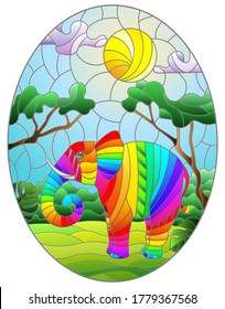 Illustration in stained glass style with cute rainbow elephant on the background of green trees of cloudy sky and sun, oval image