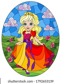 Illustration in stained glass style with a cute Princess on a background of flowers and Sunny sky, oval image