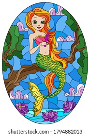 Illustration in stained glass style with cute cartoon mermaid ,sitting on a tree branch on a background of water and sky, in bright frame, oval image