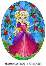 Illustration in stained glass style with a cute Princess on a background of flowers and  sky and flowers, oval image