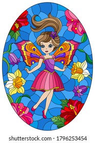 Illustration in stained glass style with cute cartoon fairy in a bright rainbow dress on the background of flowers and sky, oval image