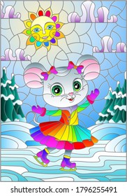 Illustration in a stained glass style with a cute cartoon mouse on skates on the background of a winter landscape