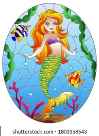 Illustration in stained glass style with cute cartoon mermaid girl in the background of the seabed and fishes, oval image