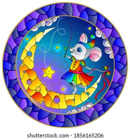 Illustration in stained glass style with a cute cartoon mouse with a fishing rod standing on the moon, against the background of the night sky with clouds and stars, round image in frame