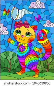 Illustration in the stained glass style with a cute cartoon cat with a butterfly net on the background of a summer landscape, rectangular image