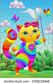 Illustration in the stained glass style with a cute cartoon cat with a butterfly net on the background of a summer landscape, rectangular image