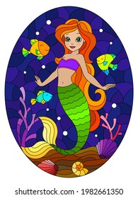 Illustration in stained glass style with cute cartoon mermaid in the background of the seabed and fish, oval image
