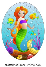 Illustration in stained glass style with cute cartoon mermaid in the background of the seabed and fish, oval image