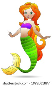 Illustration in stained glass style with a cute cartoon mermaid girl, figure isolated on a white background