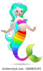 Illustration in stained glass style with a cute cartoon mermaid girl, figure isolated on a white background
