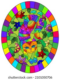 Illustration in stained glass style with a   cute grey cat on a background of meadows and  bright flowers ,oval image in bright frame