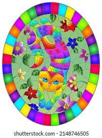 Illustration in stained glass style with a   cute grey cat on a background of meadows and  bright flowers ,oval image in bright frame