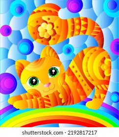 Illustration in stained glass style with a cute cartoon red kitten on the background of the sky and rainbow