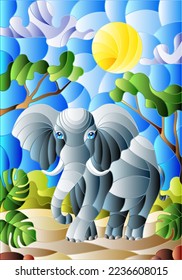 Illustration in stained glass style with cute gray elephant on the background of green trees of cloudy sky and sun