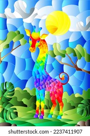 Illustration in stained glass style with cute rainbow giraffe on the background of green trees of cloudy sky and sun