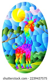 Illustration in stained glass style with cute rainbow giraffe on the background of green trees of cloudy sky and sun, oval image