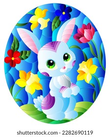 Illustration in stained glass style with a cute cartoon blue rabbit on a background of bright flowers, round image