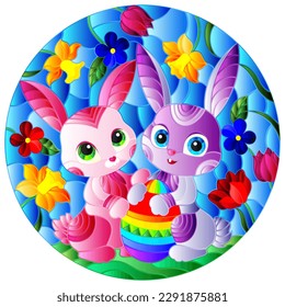 Illustration in stained glass style with cute Easter bunnies and egg on the background of flowers and sky, round image 