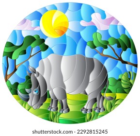 Illustration in stained glass style with cute gray  rhino on the background of green trees of cloudy sky and sun, oval image