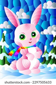 Illustration in stained glass style with a cute pink cartoon hare in a scarf on the background of a winter landscape