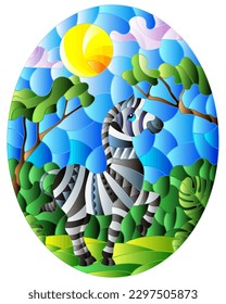 Illustration in stained glass style with cute Zebra on the background of green trees of cloudy sky and sun, oval image