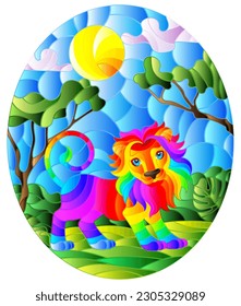 Illustration in stained glass style with cute rainbow lion on the background of green trees of cloudy sky and sun, oval image