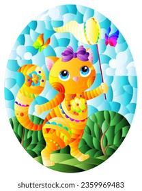 Illustration in the stained glass style with a cute cartoon cat with a butterfly net on the background of a summer landscape,oval image