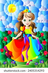 Illustration in stained glass style with a cute Princess on a background of flowers and Sunny sky