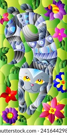 Illustration in stained glass style with a    cute grey cat on a background of meadows and  bright flowers 