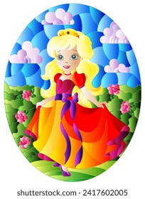 Illustration in stained glass style with a cute Princess on a background of flowers and Sunny sky, oval image