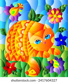 Illustration in stained glass style with a    cute red cat on a background of meadows, bright flowers and sky