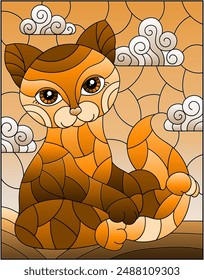 Ilustración en estilo vitral con un lindo gato sobre un fondo de prados, y cielo, tono marrón