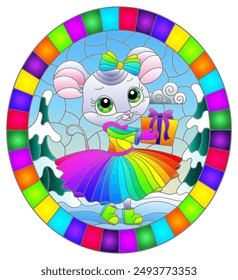 Illustration in a stained glass style with a cute cartoon mouse on the background of a winter landscape, oval image in bright frame