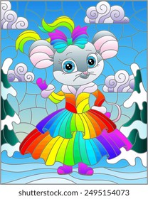 Illustration in a stained glass style with a cute cartoon mouse on the background of a winter landscape